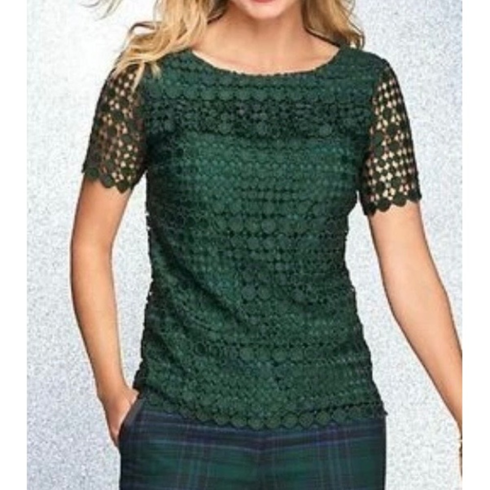 RSVP by TALBOTS NWT Hunter Green‎ Dot Lace Ruffle Top X $149 Tie Backs